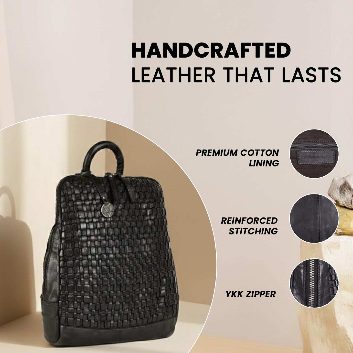 VILENCA HOLLAND 12.5 Inch Genuine Leather Backpack for Women and Men, Black Leather Backpack with Adjustable Shoulder Strap