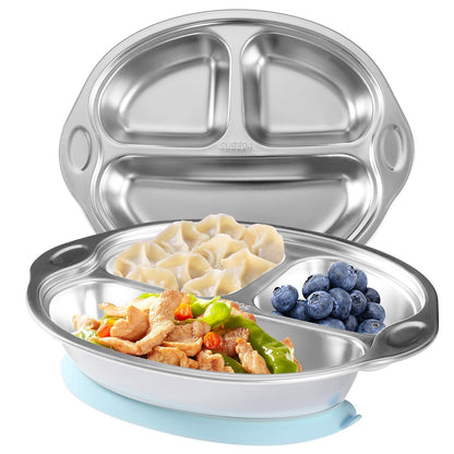 Mrs. Chou® BPA-Free 100% Food-Grade Stainless Steel Baby Plates with Suction Divided Designed for Babies and Toddlers, Ideal for Kids Infant Baby-Led Weaning Toddler Feeding Supplies Dishwasher Safe