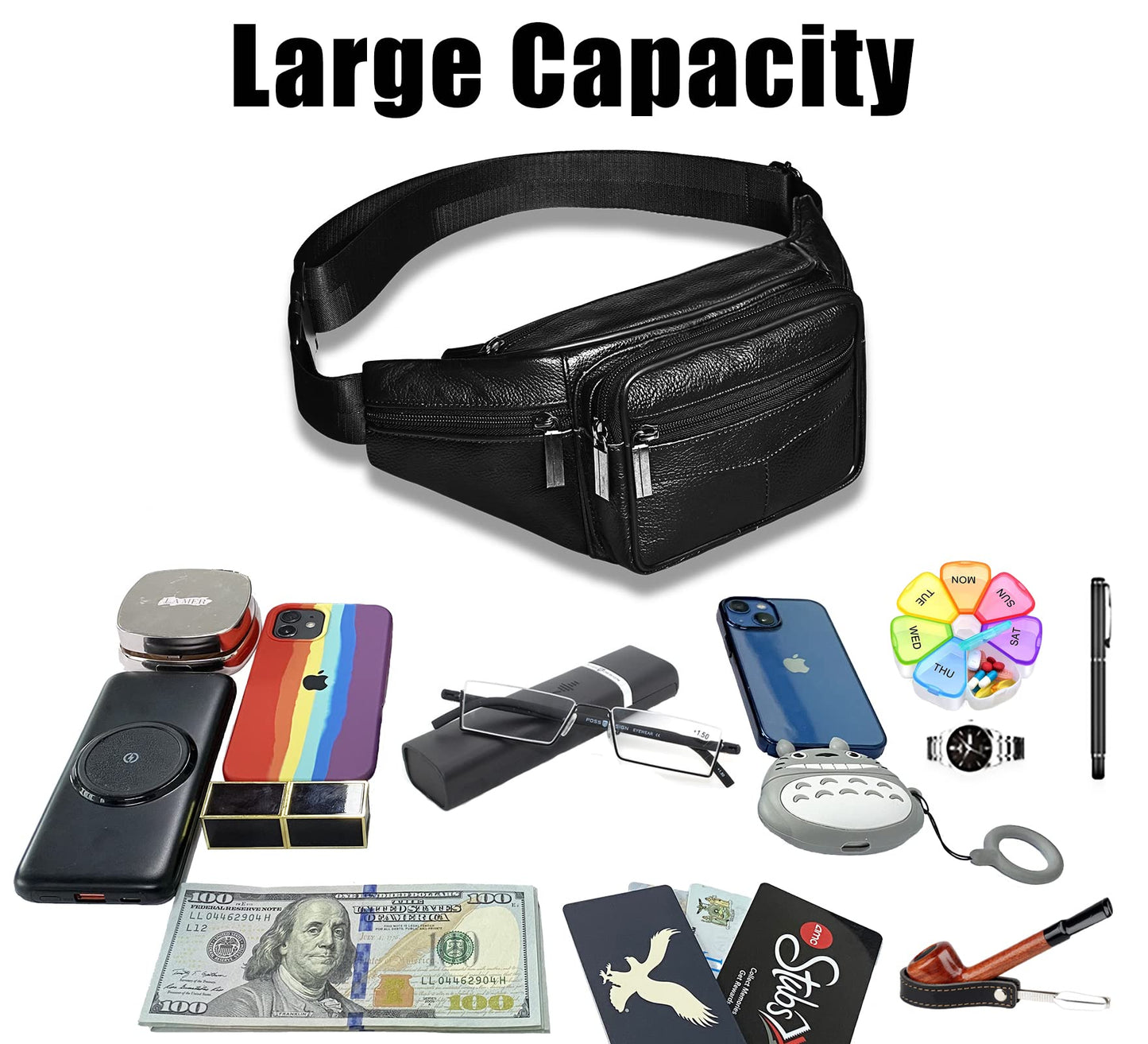 Fanny Pack, Genuine Leather Fanny Pack For Women Or Men, Large Cowhide 6 Zipper Pockets With Adjustable Strap Of Belt Waist Pack For Daily Life，Travelling， Running, Hiking Black a
