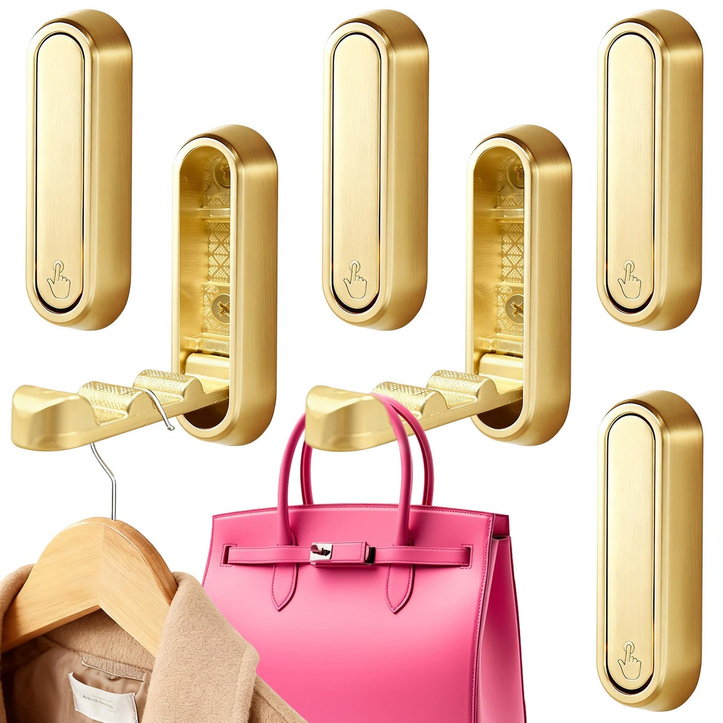 Fevont 6 Pack Folding Wall Hooks – Heavy Duty Gold Coat Hooks, Foldable Zinc Alloy Wall Mount Hooks for Hanging Coats, Hats, Towels, Bags, Keys, Robes, Christmas Socks & Wreaths – Holds up to 55 lbs