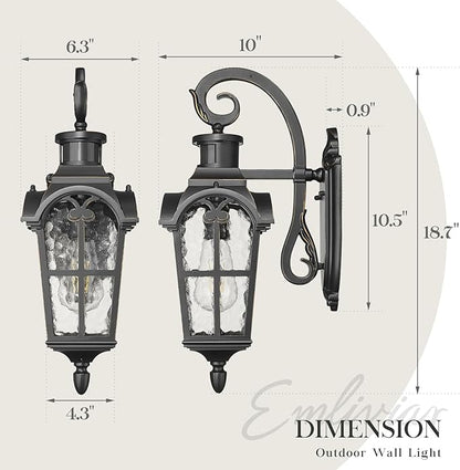 Emliviar Motion Sensor Outdoor Wall Light, Porch Wall Lamp with Water Glass, 18.7" Waterproof Exterior Sconce Wall Mount, Black Finish with Gold Edges, WE305B-SE BG-SW