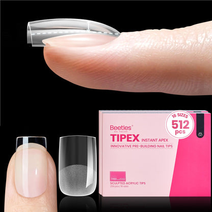 Beetles Tipex Gel Nail Kit, Medium Almond Nail Tips 224 Pcs 16 Sizes Pre-Building Pre-Etched Thick Acrylic Tips with Tipex Glue, Mini Lamp
