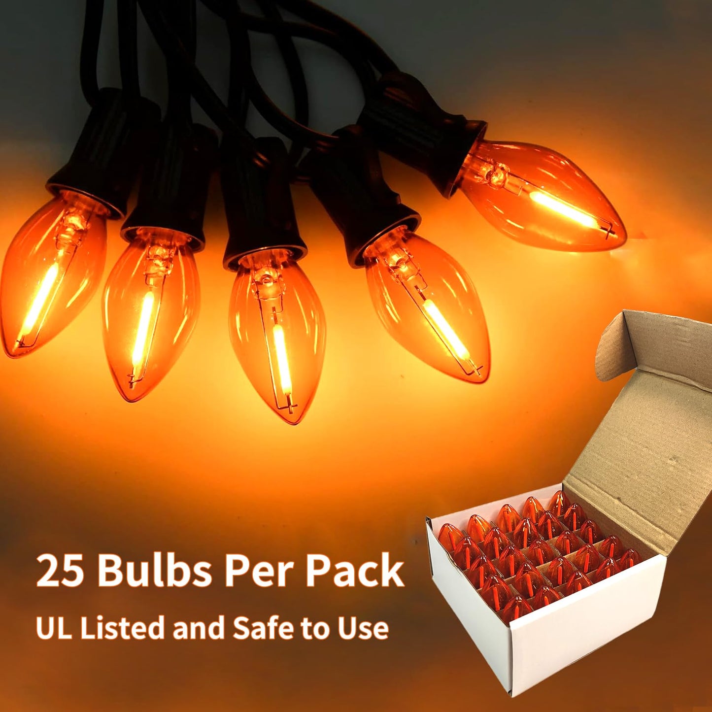 CHYParty 25 Pack C7 Replacement Bulbs, Orange LED Halloween Light Bulbs for Outdoor String Lights, Patio, Christmas Decor, E12 Candelabra Base, Durable & Energy-Saving