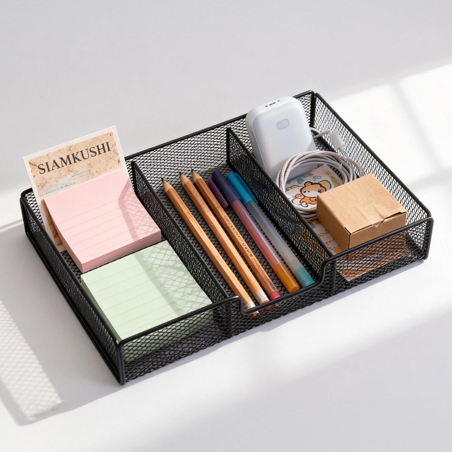 Desk Drawer Organizer Tray, Office Junk Drawer Organizer with 3 Compartments, Metal Mesh Dividers Pen Pencil Storage Box for Office Supplies Desk Accessories Workspace School Cosmetic Organization