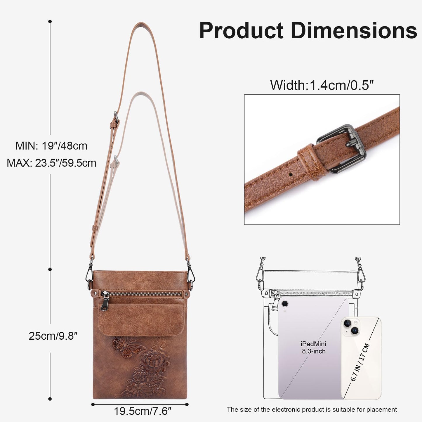 VIMUTI Small Crossbody Purse for Women, Soft Vegan Leather Multi Pocket Zipper Bag with Adjustable Strap Embossed Lightweight Travel Shoulder Bag (Brown)