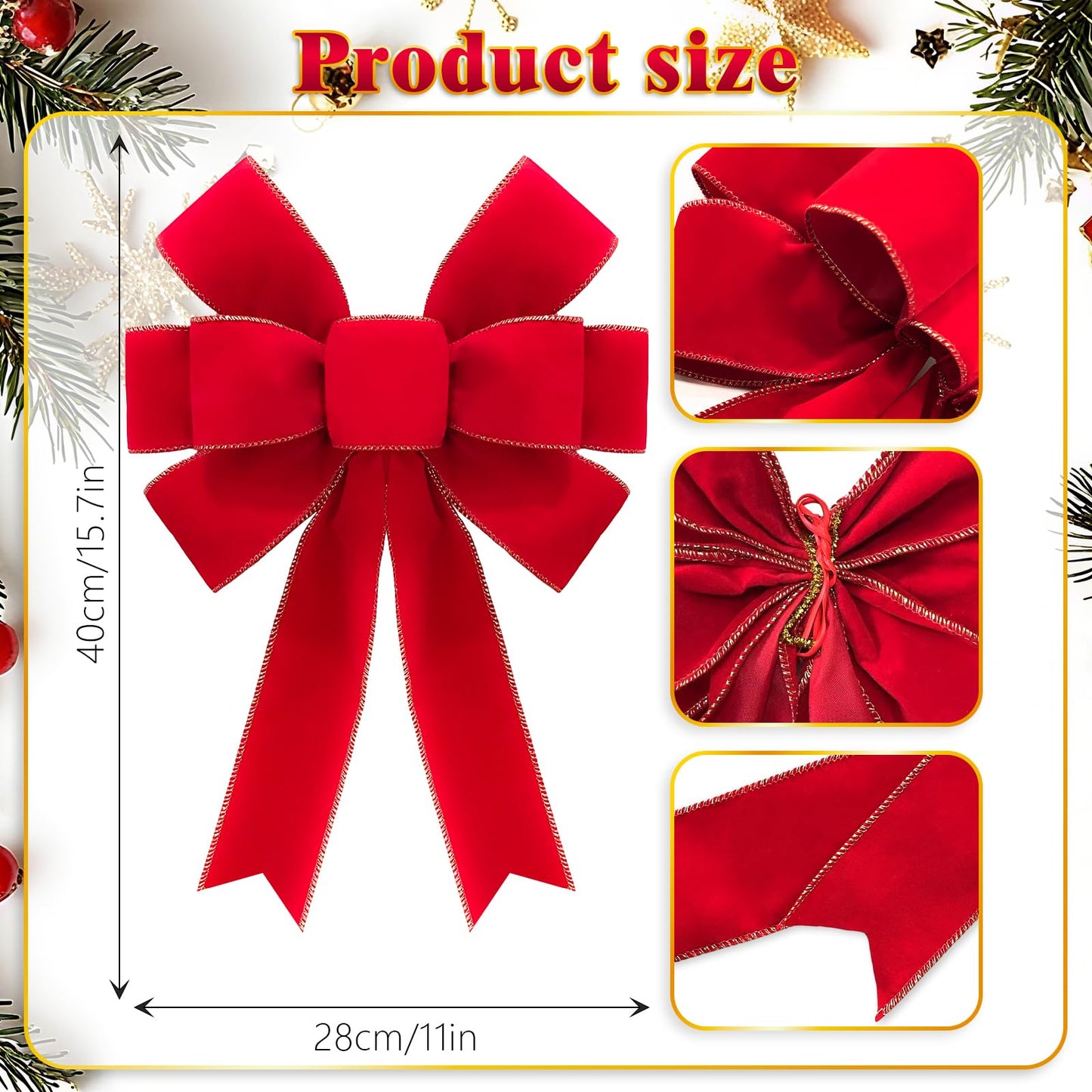 2pcs 16-Inch Velvet Red Bows for Christmas Tree, Handmade Christmas Bow Tree Topper-Gold Wire-Fluffy Sturdy Shape-Retaining, Gift Boxed & Ready-to-Use for Wreath Floral Fireplace Outdoor Car Garden