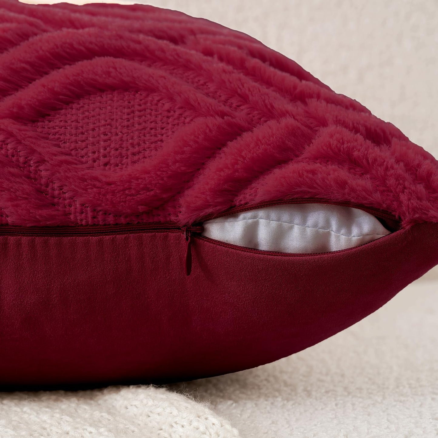MIULEE Christmas Wine Red Throw Pillow Covers 12x20 Inch, Soft Winter Plush Faux Wool Couch Pillow Covers Set of 2 Decorative Farmhouse Boho Throw Pillows for Sofa Living Room Bed