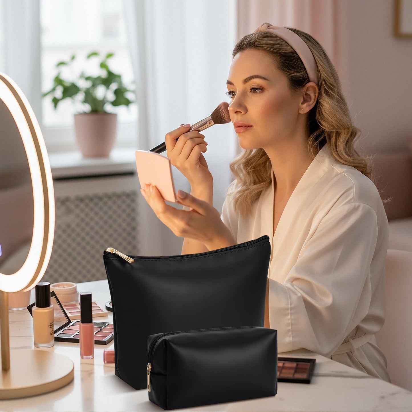 Kigeli 2 Pcs PU Leather Makeup Bag Set for Women Waterproof Aesthetic Cosmetic Bag Large & Small Travel Toiletry Organizer Pouch Skincare Organizer Bridesmaid Mother's Day Birthday Gift(Black)