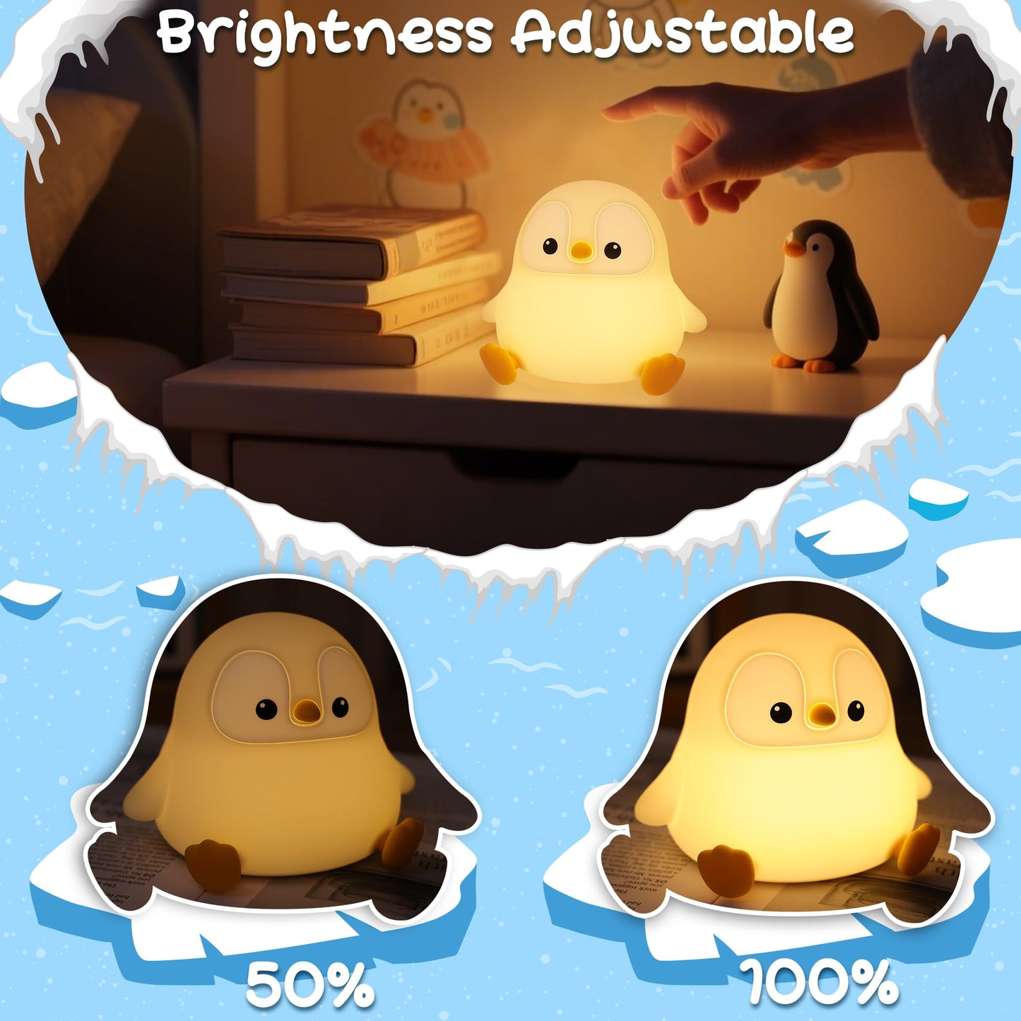Okayera Penguin Night Light, Pudgy Penguins Squishy Nightlight for Kids, LED Silicone Nursery Lamp with Dimmable & 20 Mins Timer, Rechargeable Bedroom Bedside Docer Stuff, Cute Gifts for Boys Girls