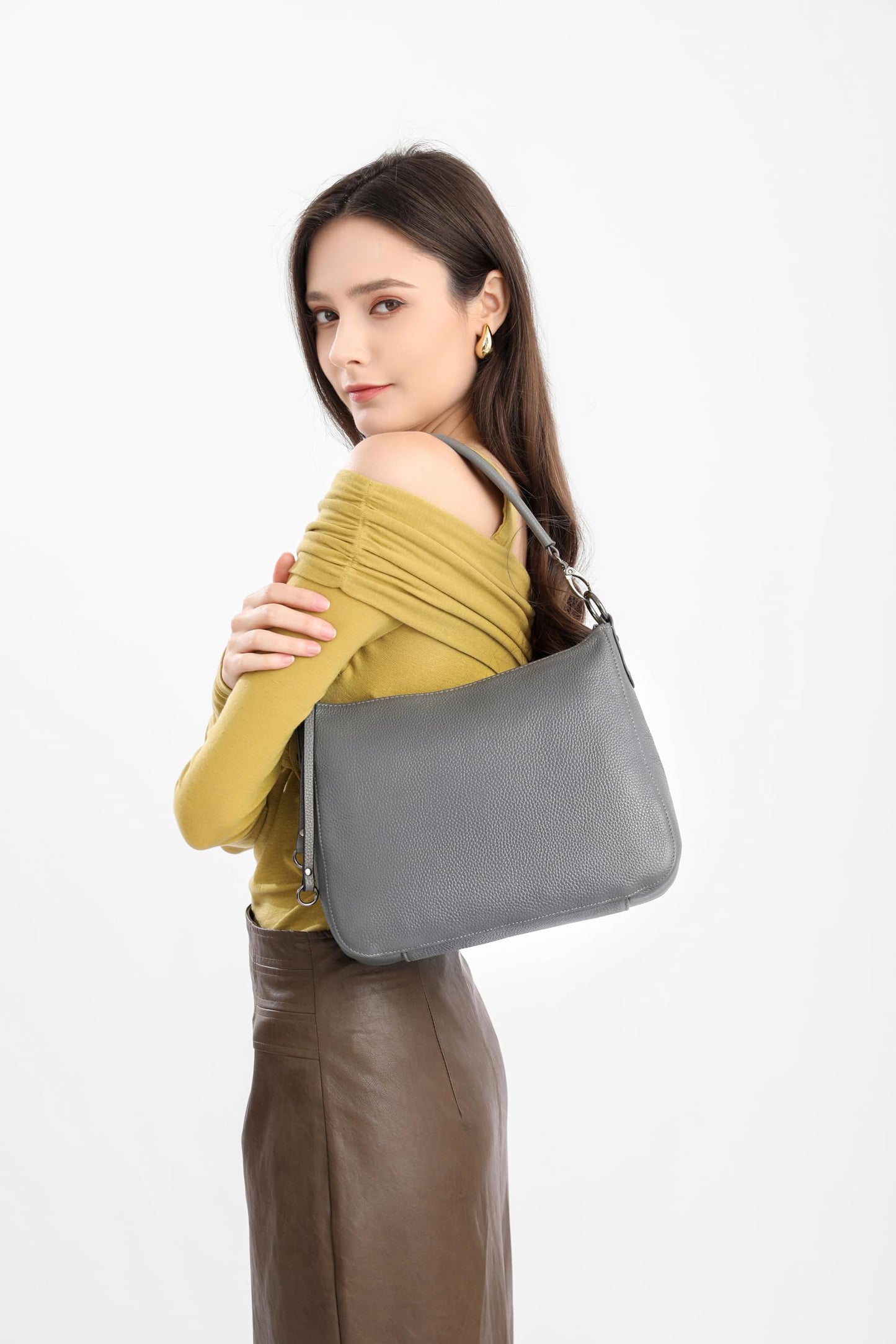 Sibalasi Gorgeous Genuine Leather Shoulder Bags Stylish Hobo Handbags Purses Crossbody Bags for Women (Grey)