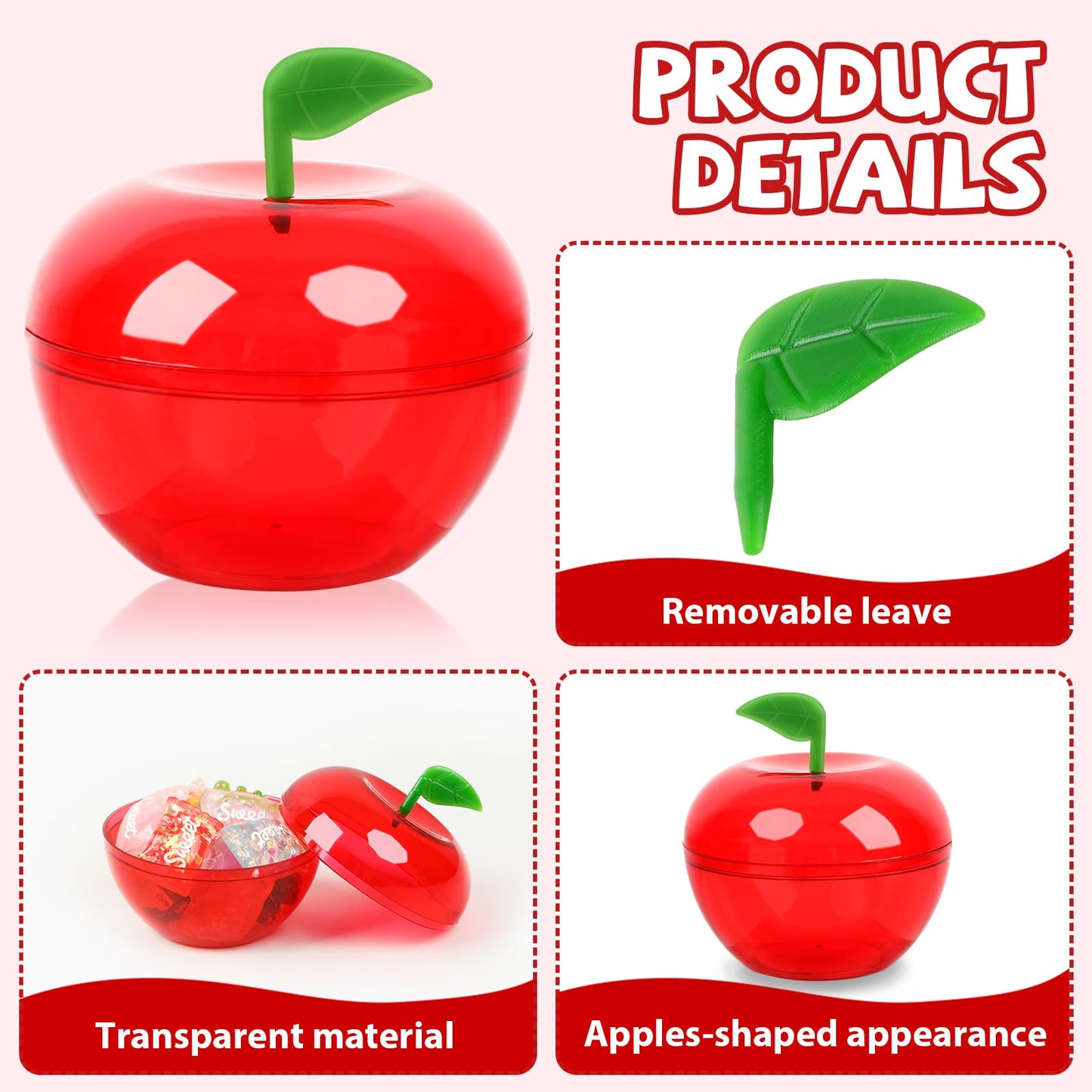 Jansun 12 Pcs Plastic Apples Containers Teacher Gifts Bulk Red Clear Apples Container Apples Decorations for Back To School Candy Holder Rosh Hashanah Christmas Party Favor