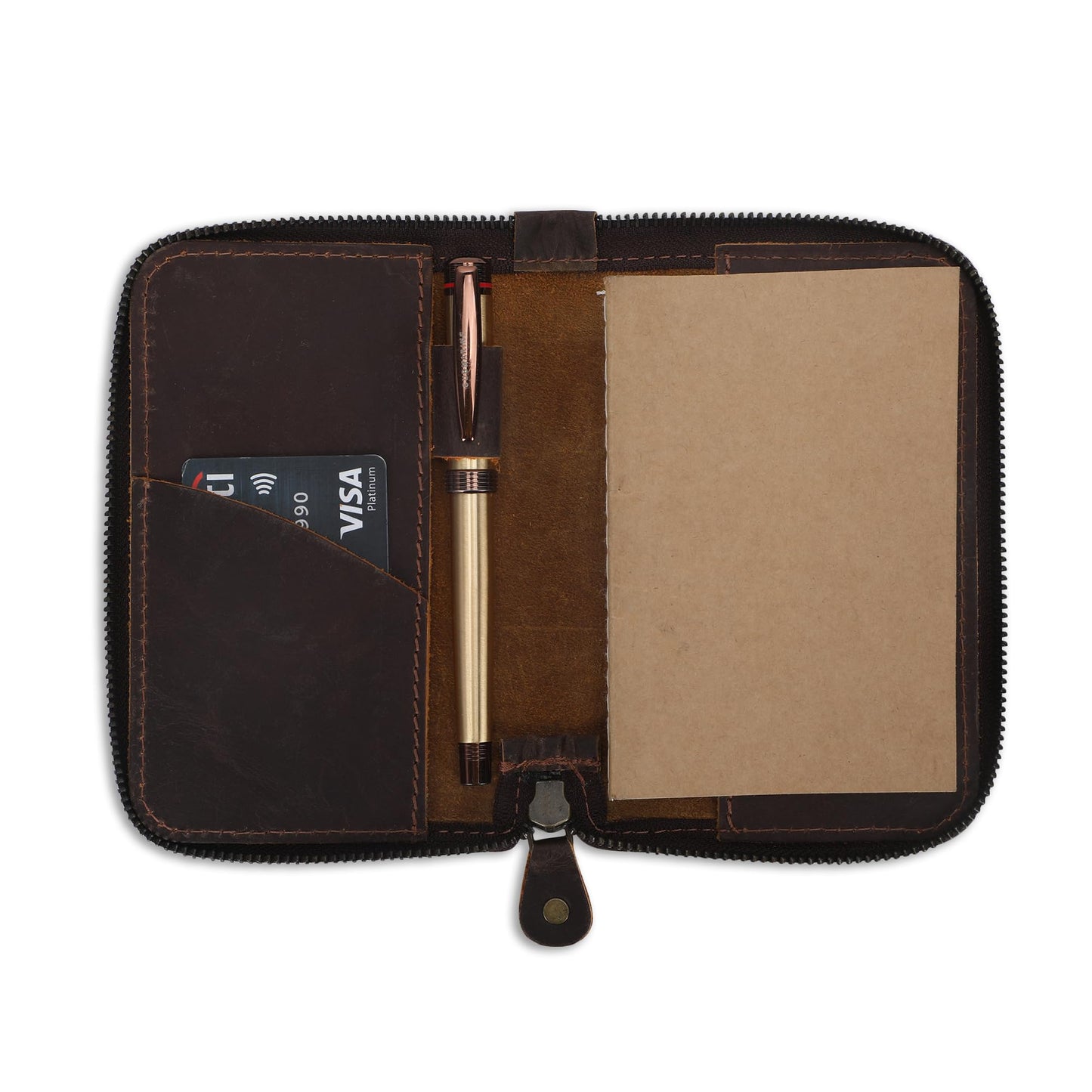 CestAntiQ Zippered Leather Journal Cover Compatible with Moleskine Cahier TWONE Original Kraft Elan Pitch Black Pocket Size 3.5 x 5.5 for Field Notes Notebook Memo Books with Pen Holder Handmade Brown