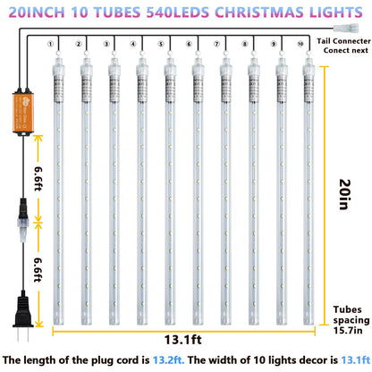 Roytong Meteor Shower Lights - 20 Inch 10 Tube 540 LED High Brightness Falling Rain Icicle Cascading Lights for Xmas Tree Roof Eaves Patio Decor (Can Connect 100 Sets)