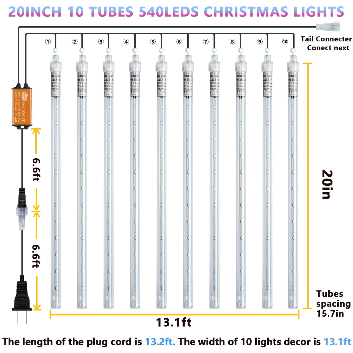 Roytong Meteor Shower Lights - 20 Inch 10 Tube 540 LED Rain Falling Icicle Cascading Lights for Xmas Tree, Halloween, Patio, Garden, Eaves Decoration (Can Connect 100 Sets)