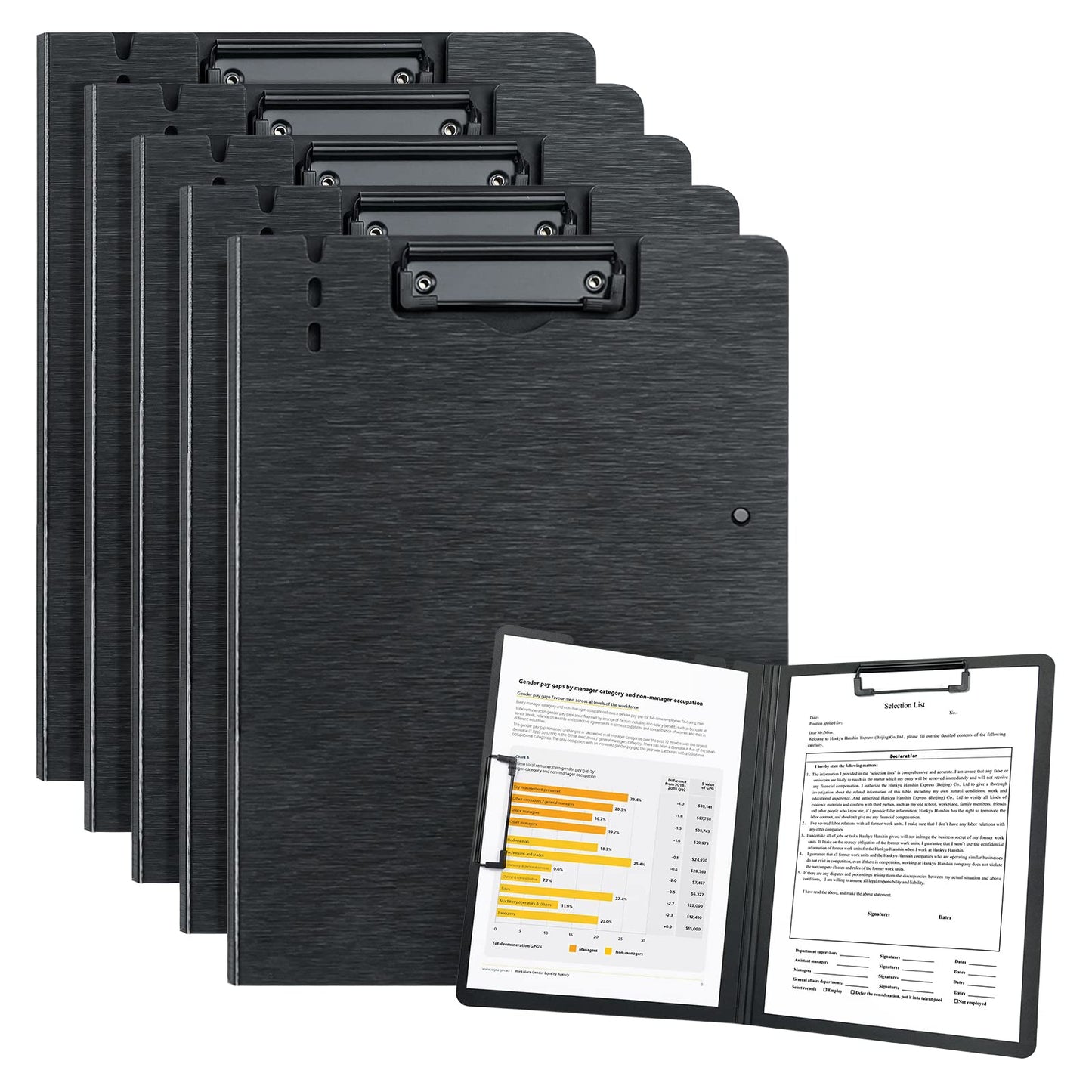 URbantin A4 Clipboard,5 Pack Foldable Clipboards with Two Clips File Document Organiser,Clip Board for Business,Office,School or Restaurant (Black)
