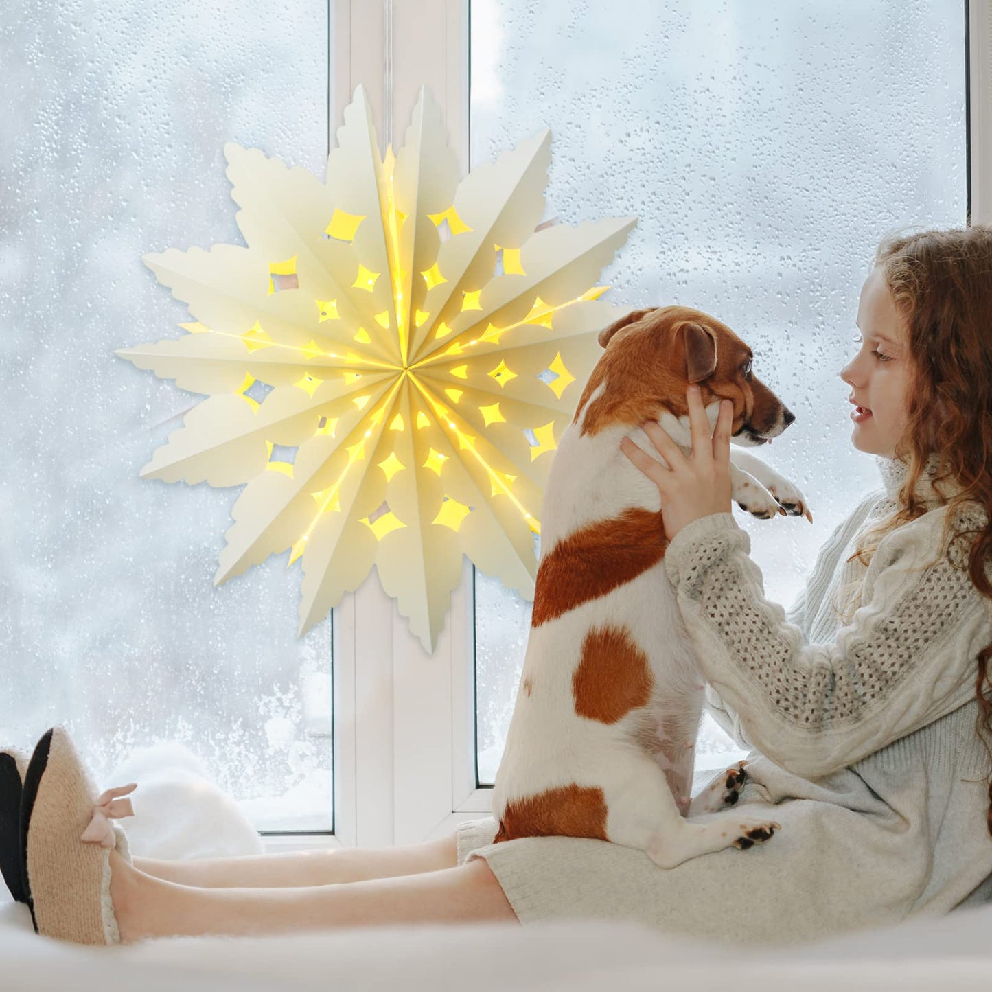 23.6 Inch Christmas Star Snowflake Paper Lantern with Light Timer Paper Lamp Party Supplies Hanging Decoration for Weddings Christmas Trees Birthday Holiday Party Celebration (Elegant Style)