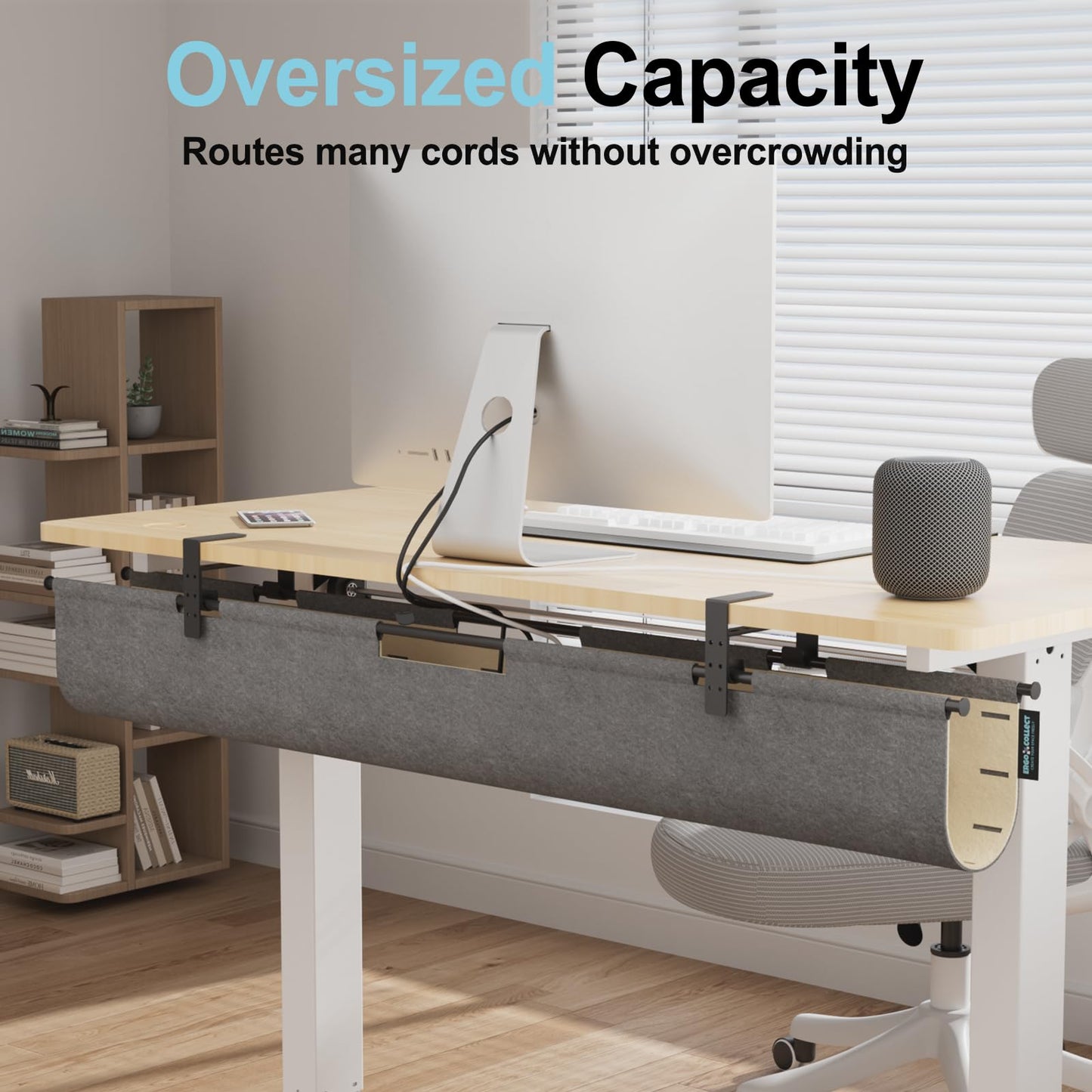 2-in-1 Under Desk Cable Management Tray & Privacy Panel, Dual-Sided Felt Cord Organizer to Hide Wires and Clutter, Desk Mount Cord Holder for Office and Home, Clamp or Screw Mount (Gray/Khaki, 45.2")