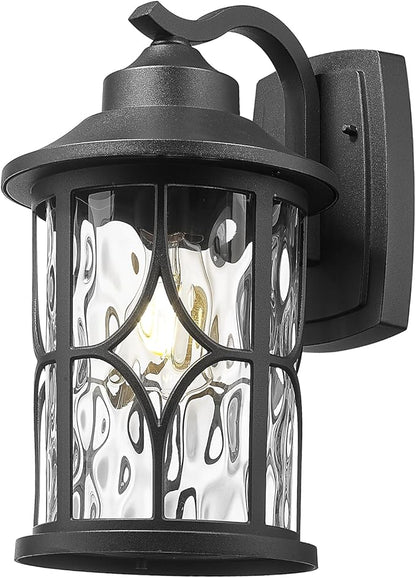 zeyu 14.6 Inch Outdoor Porch Light, Farmhouse 1-Light Outdoor Wall Sconce, Die-Cast Aluminum in Black Finish, Clear Water Ripple Glass, ZX48MB-WG BK