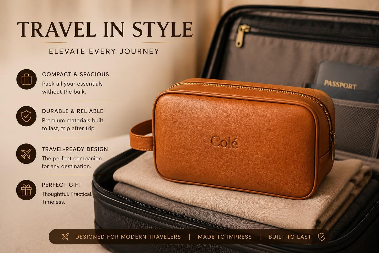 Colé Premium Travel Toiletry Bag Water Resistant, PU Leather, Gift Box, Dust Bag Included.