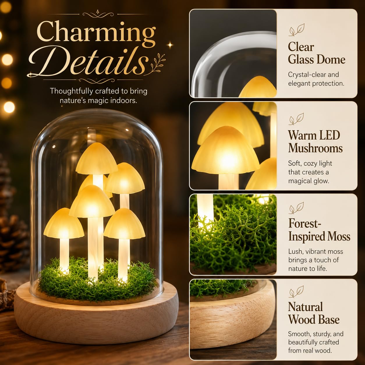 QUELIEN Mushroom Lamp in Glass Dome,Mushroom Gifts for Women - Warm White LED Night Light for Bedroom Decor,Birthday Party Decorations,Ideal Birthday Gift Valentines Gift