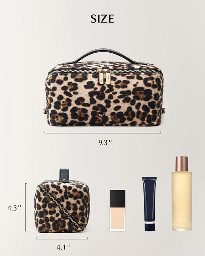 EACHY Travel Makeup Bag for Women, Large Leopard Print Cosmetic Bag with Upgraded Sturdy Zippers, Waterproof Leather Toiletry Organizer Pouch for Skincare Accessories