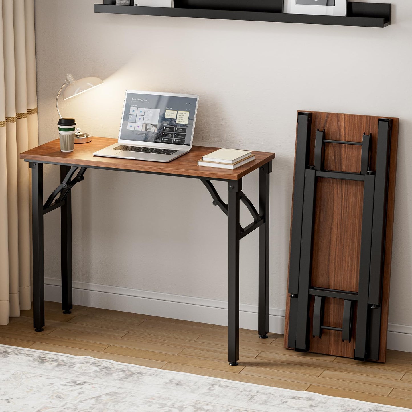 Frylr Small Folding Computer Desk – Portable 35.8 Inch Foldable Laptop Table, No-Assembly, Collapsible and Compact for Easy Storage, Lightweight for Small Spaces, Craft and Study Use, Dark Walnut