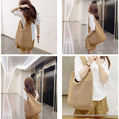 QTKJ Hand-woven Soft Large Straw Shoulder Bag Boho Straw Handle Tote Retro Summer Beach Bag Rattan Handbag