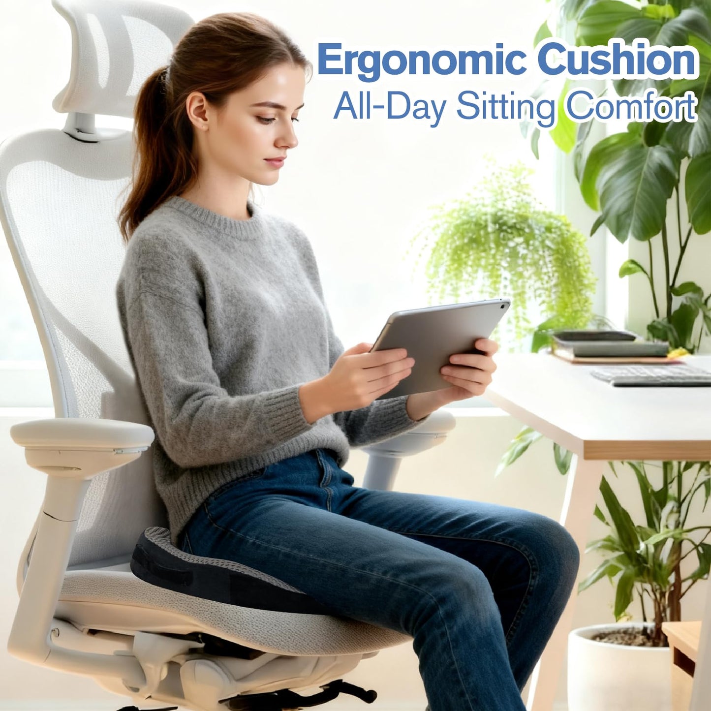 Mureon Seat Cushion for Office Chairs, Large Memory Foam Cushion for Car, Pressure Relief Ergonomic Chair Cushion with Non-Slip Cover for Soft Support for Hip All Day Comfort - Grey
