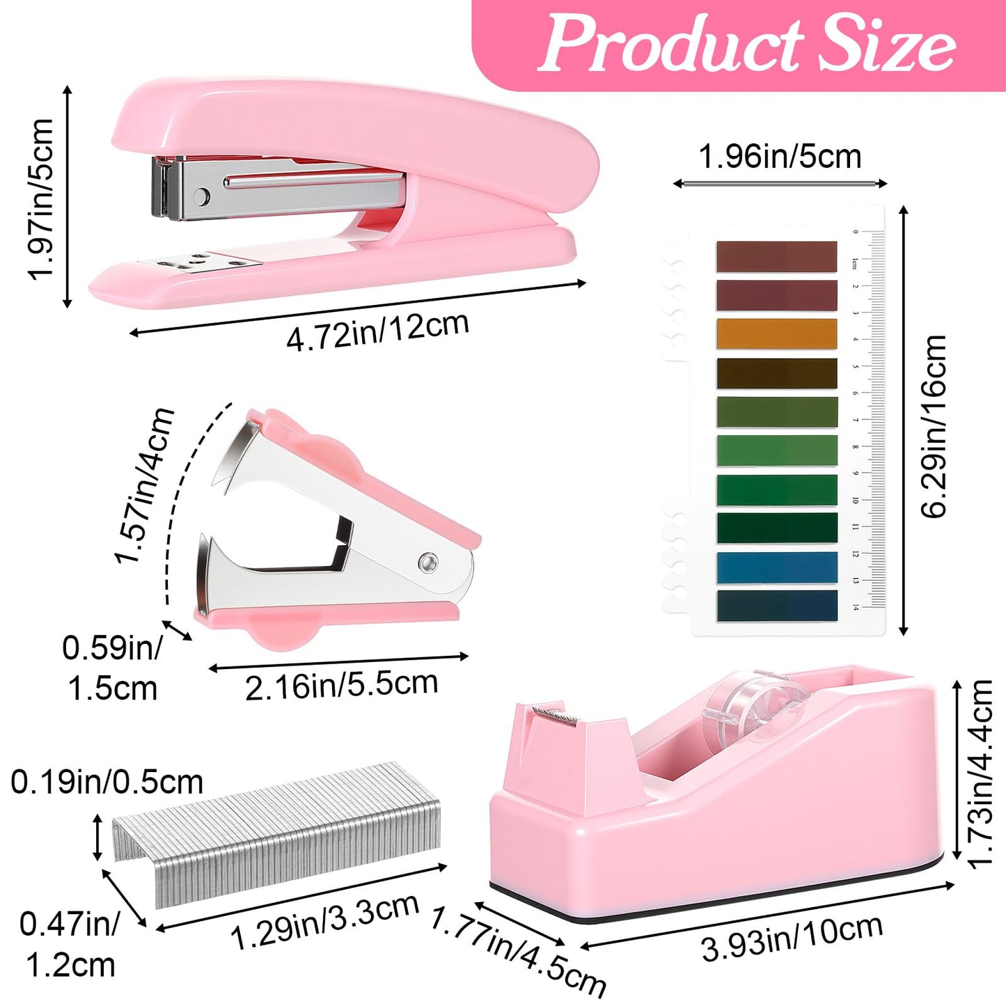Pink Office Supplies Set, Desk Accessories for Women with Stapler, Tape Dispenser, Staple Remover, Staples, Clips, Scissor and Tabs, Gift for Students and Coworkers