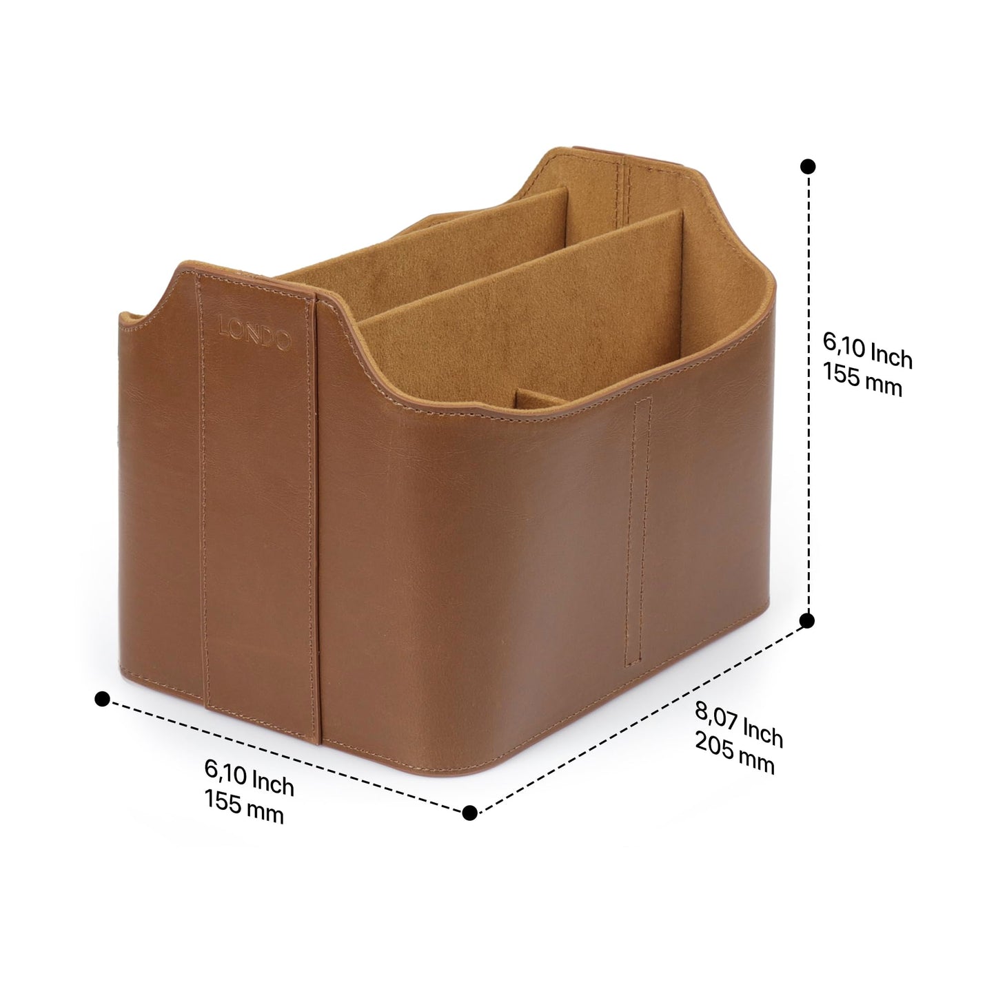 Londo PU Vegan Leather Desk Organizer Cube with Tablet Slot, Nightstand Caddy & Couch Organizer — 4 Remote Pockets + iPad/Kindle Slot, Makeup Brush Holder, Suede Lined, 8 x 6.1 x 6.1 in, Light Brown