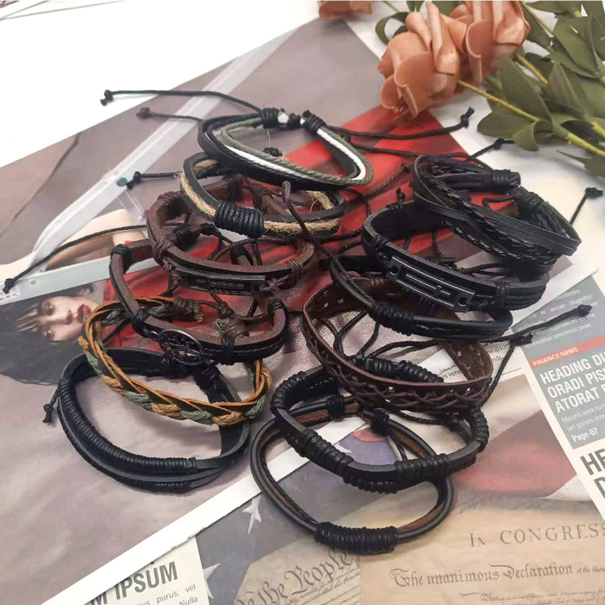 MOZAKA 27Pcs Braided Leather Bracelets for Men Women Ethnic Tribal Bracelets Leather Bracelets Wristband Woven Cuff Wrap Friendship Bracelets Adjustable