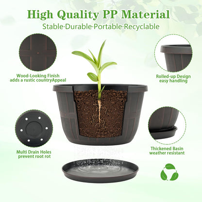 Quarut 10 inch Plastic Flower Pots for Outdoor Plants，4 Pack Large Outdoor Planter Pot with Drainage Holes & Saucers，Imitation Wine Barrel Design，for Indoor Outdoor Garden Plants（Brown）
