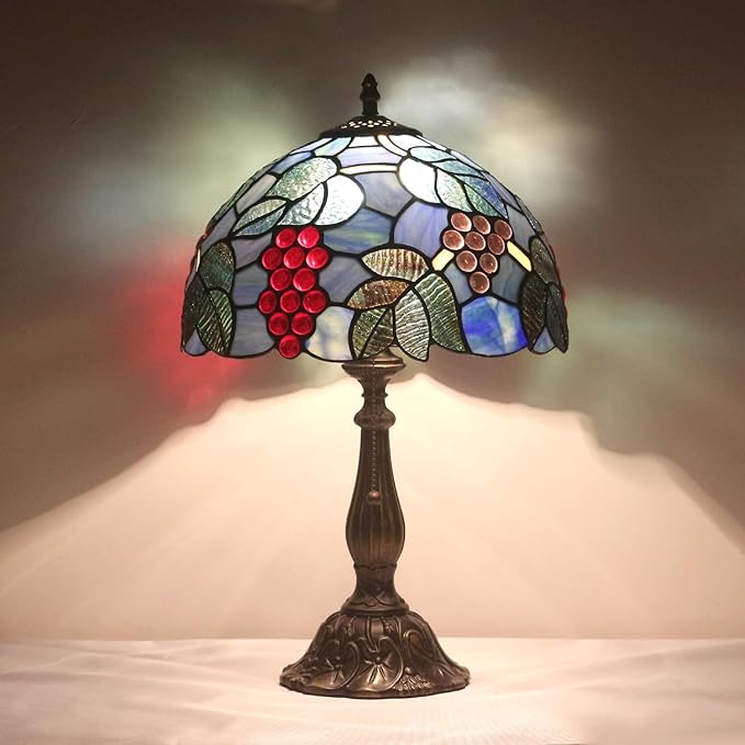 Tiffany Table Lamp Stained Glass Bedside Table Lamp Desk Reading Light 12 Inches Bedroom Living Room Home Office Decor Lamp(Grape)
