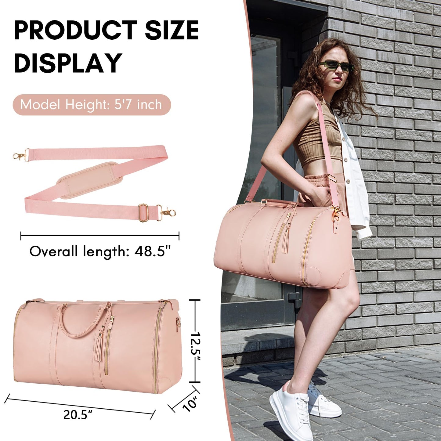 Ytonet Garment Duffle Bags for Travel, Convertible Carry On Garment Bag for Women, Large PU Leather Foldable Travel Bag with Shoe Pouch, 2 in 1 Hanging Suitcase Dress Suit Travel Bags, Pink
