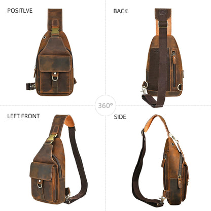 Handadsume Genuine Leather Hiking Travel DayPack Sling Crossbody Triangle Chest Pack Bag For Men Women 8241 (Coffee 258204)