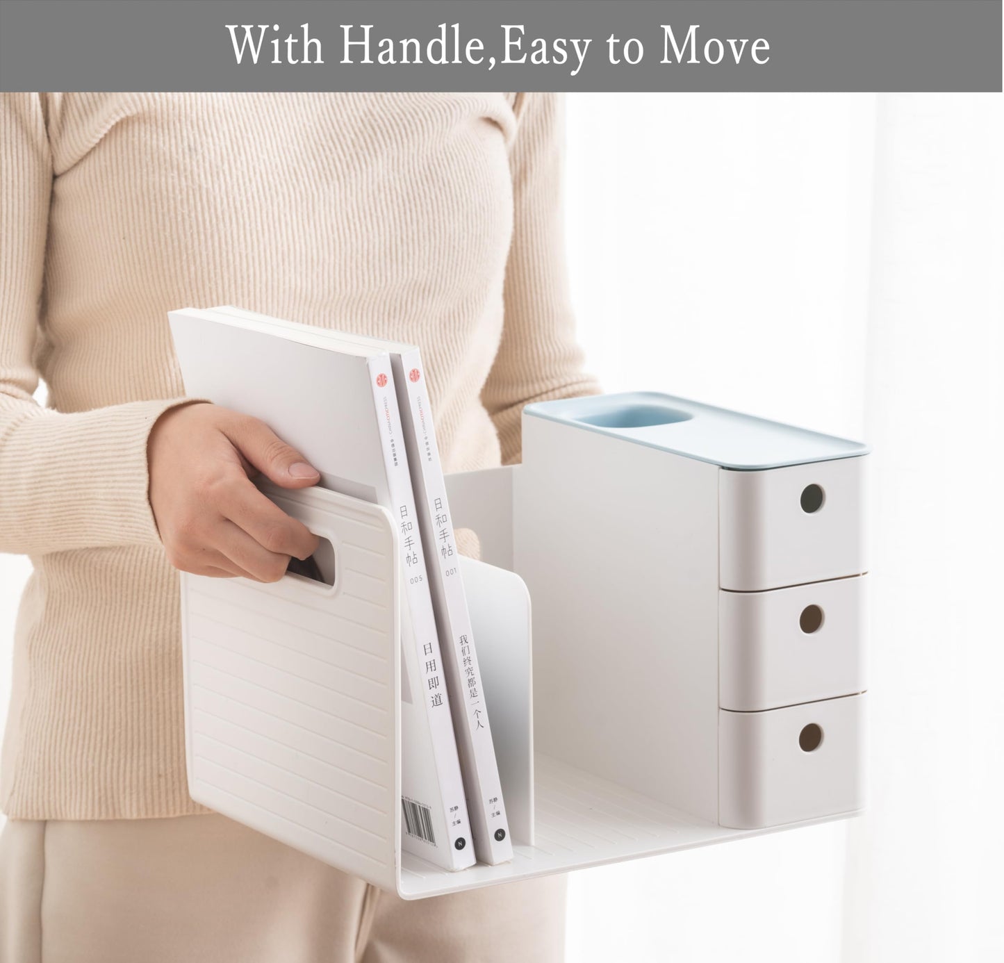 HKeeper White Plastic Desktop Organizer with File slots,3-tier Drawers with Pen Holder,Book Stand for Office Supplies and Desk Accessories (White+Grey)