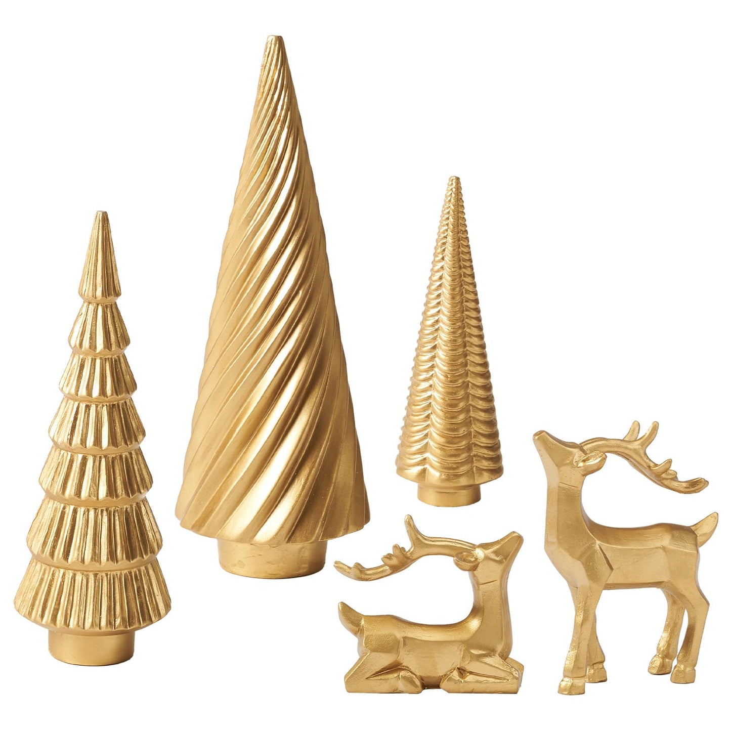 WDS WONDROUS Christmas Decoration Reindeer and Mini Trees Gold, Resin Reindeer Statues and Xmas Tree Figurines for Indoor Home Decor, Tabletop Mantle Cabinet Desktop Office
