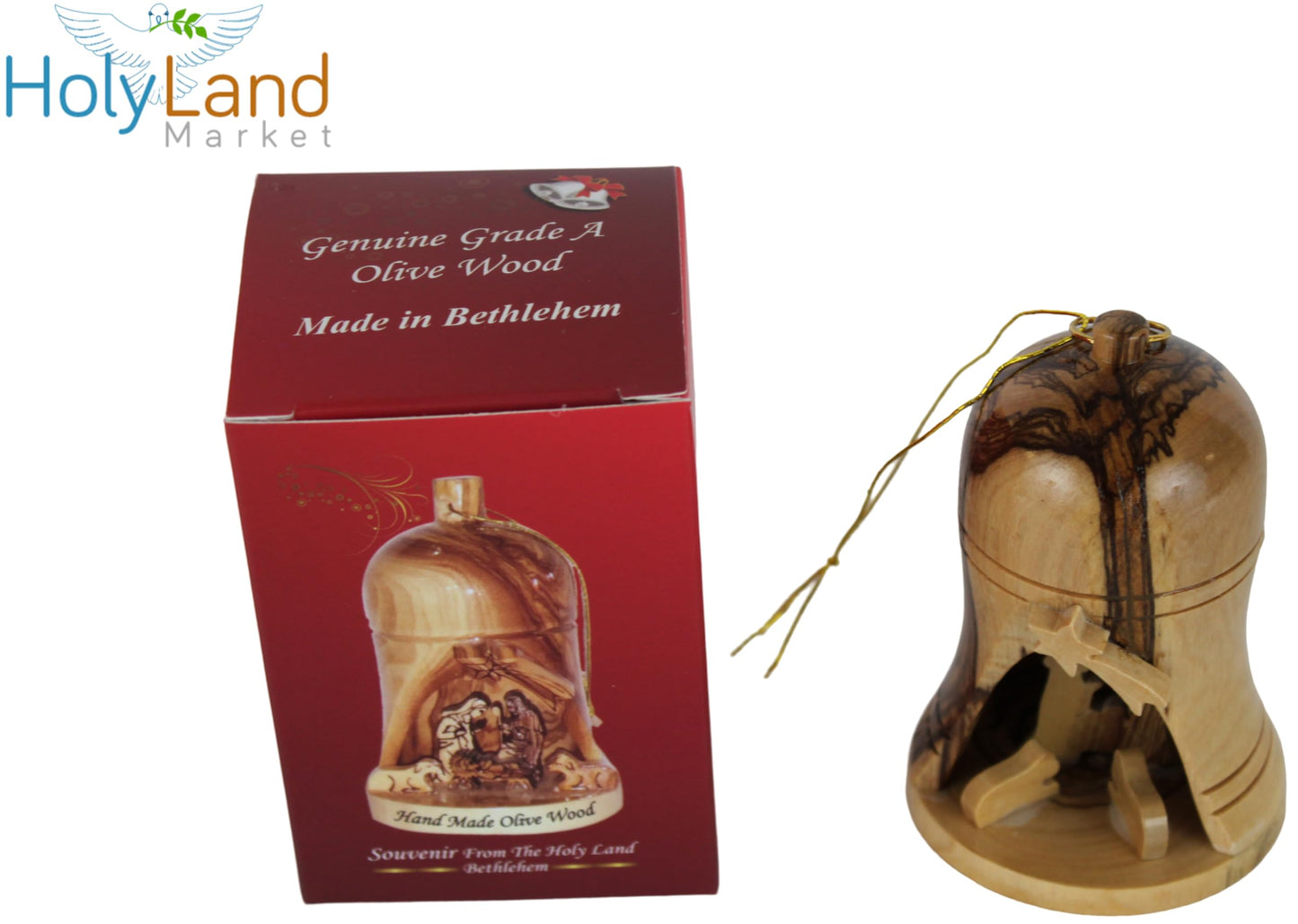 Holy Land Market Olive Wood Nativity Ornament - Large Bell with Nativity Scene, Handmade Christmas Decoration from Bethlehem (4", 1)