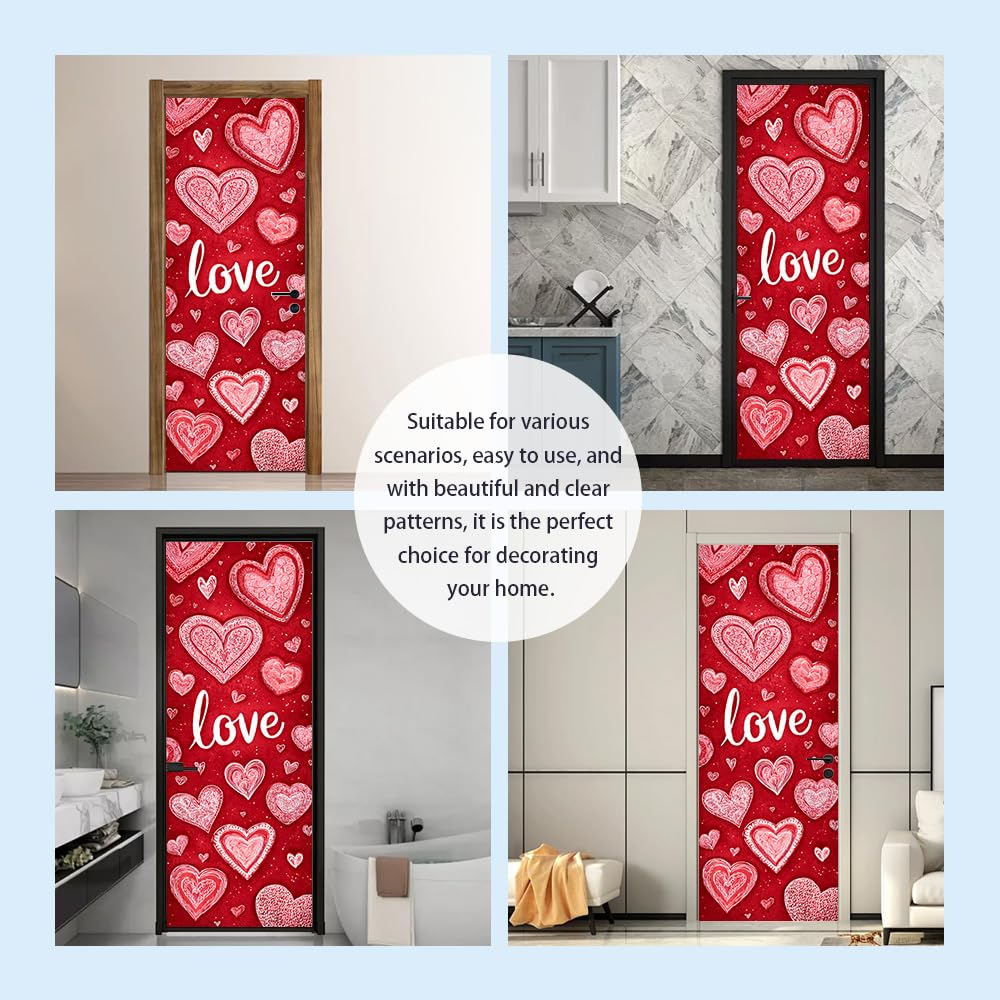 WDESYADMS Valentine’s Day Door Sticker 30.3x78.7 Inch PVC Self Adhesive Red Heart and Love Design Peel and Stick Decorative Door Decal for Bedroom Living Room Entryway Romantic Decor