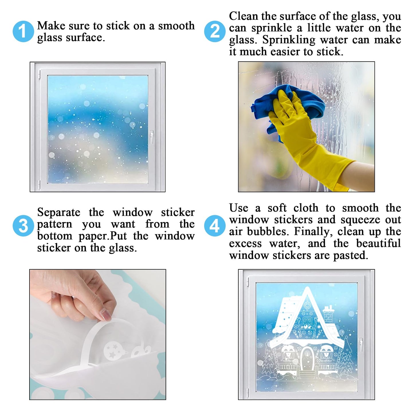 JarThenaAMCS 13.8 * 35.4'' Extra Large Christmas Window Clings 4 Sheets White House Snowflake Xmas Tree Window Stickers Double-Sided Glass Decals for Winter Xmas Home Classroom Office Party Decoration