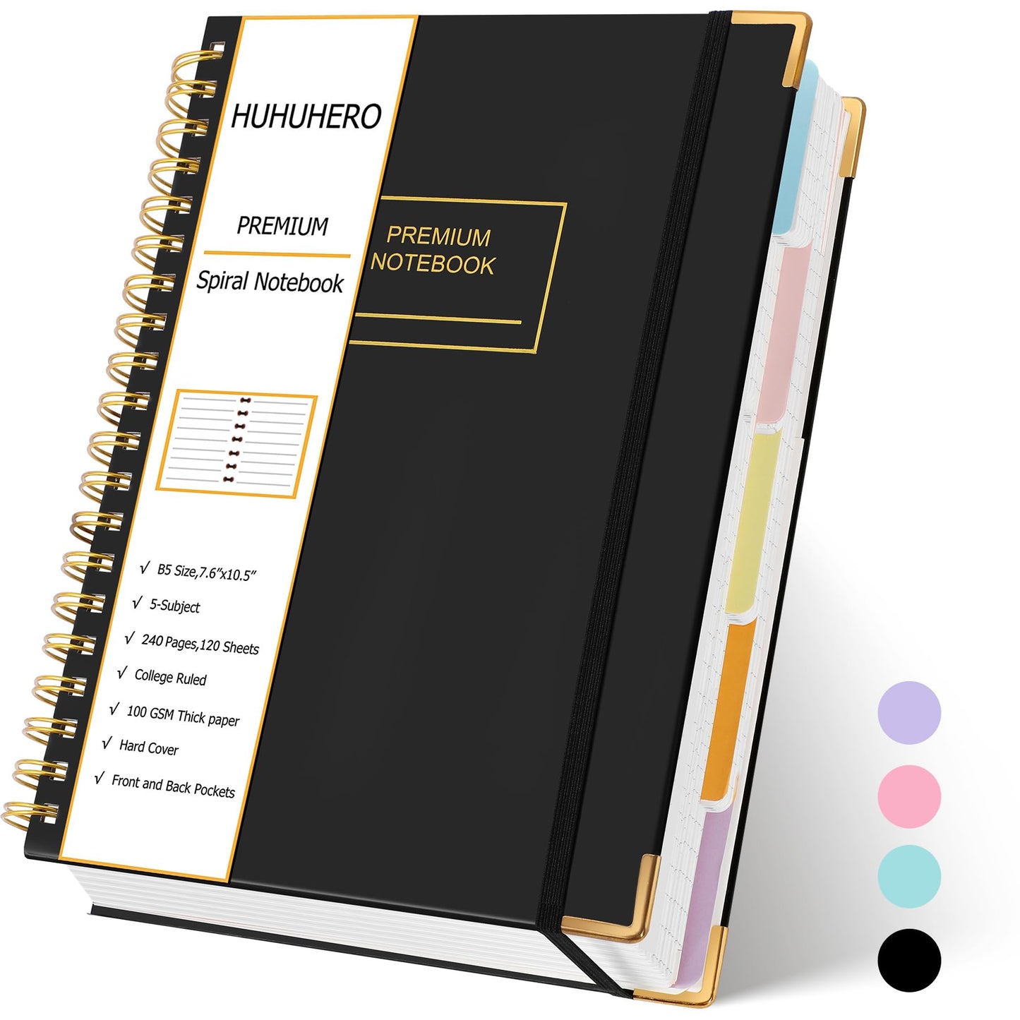 Huhuhero 5 Subject Notebook, 240 Pages Lined Spiral Journal College Ruled, 7.6" x 10.5” B5 Hardcover Journaling Notebooks for Work Note Taking, College School Supplies, Black