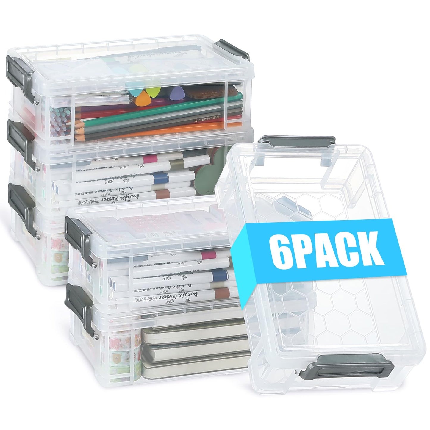 Catsayer 6Pcs Large Plastic Pencil Box Case Boxes Clear Marker Stackable Craft Organizers and Storage Organizer Containers with Lid for Art Pencils Teacher Supplies, Grey