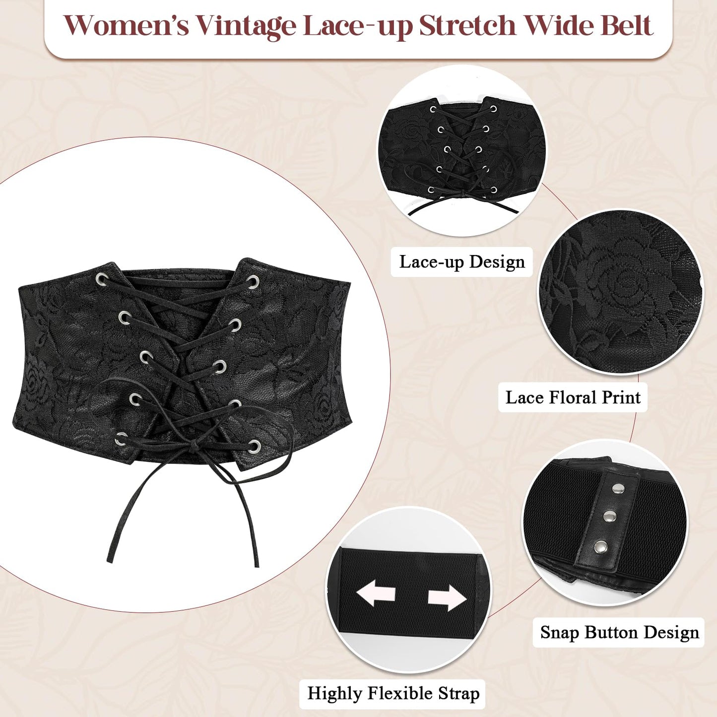 TRIWORKS Women Waist Belt Corset Lace Up Tied Waspie Elastic Wide Belt for Dresses Halloween Pirate Corset Black