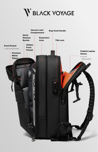 Vortex Vacuum Seal Travel Backpack 60L Exapandable Air Compression System Water Resistant TSA Lock Carry-On Suitcase Luggage Black AERO - Vacuum Pump Included