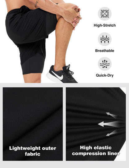 Naarts Men's 2 in 1 Athletic Running Shorts Quick Dry 5 Inch Lightweight Workout Gym Shorts with Liner and Pockets Black,Large