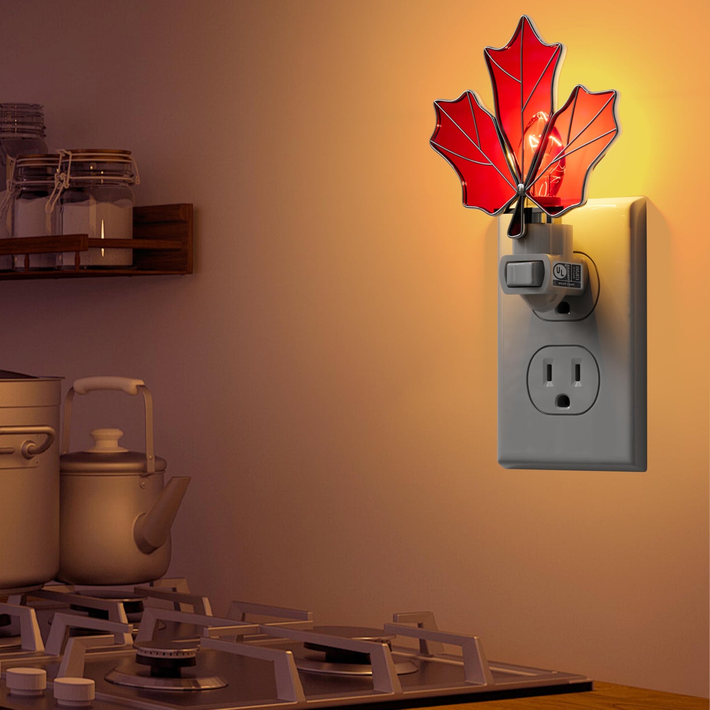 KUNDGLA Stained Glass Night Lights Plug into Wall Brown Maple Leaf Plug in Night Light 7W Warm White Lamp Decorative Accent Nightlight with On Off Switch for Adult Kids Room Home Gifts for Grandkids