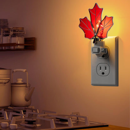 KUNDGLA Stained Glass Night Lights Plug into Wall Brown Maple Leaf Plug in Night Light 7W Warm White Lamp Decorative Accent Nightlight with On Off Switch for Adult Kids Room Home Gifts for Grandkids
