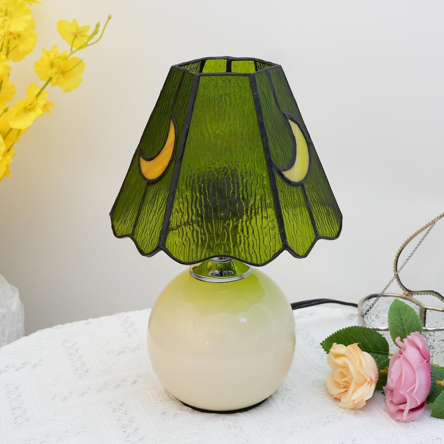 KIPHEPI Tiffany Style Bedside Table Lamp Stained Glass Moon Mushroom Lamp for Bedroom Small Nightstand Lamps for Home Decor Living Room Bedroom Study Nursery Dorm,Green