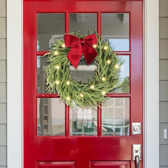 26 Inch Christmas Wreaths for Front Door with Lights,Lighted Norfolk Pine Door Wreath,Prelit Real Touch Artificial Green Winter Wreath with Large Burgundy Velvet Bow for Indoor Outdoor Decor