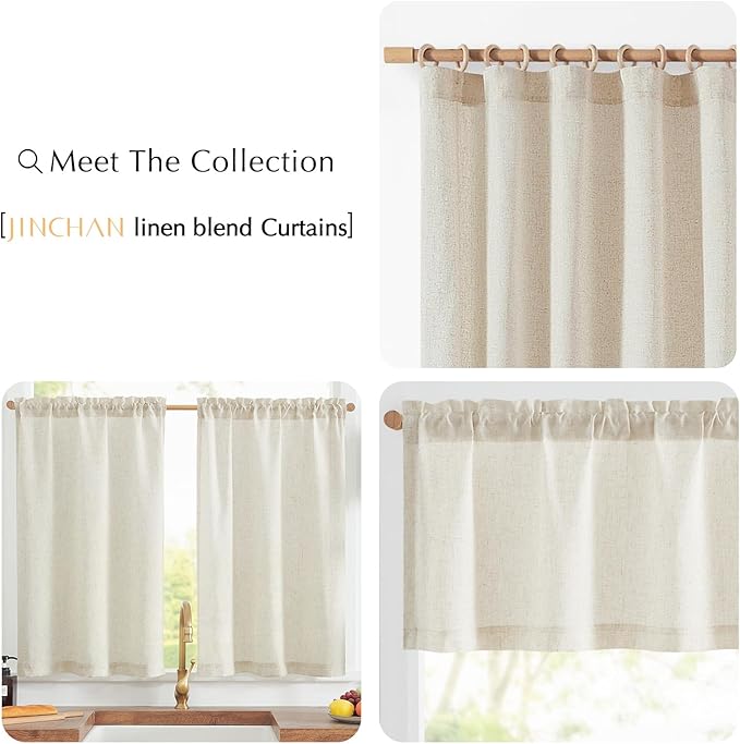 jinchan Linen Textured Tier Curtains 36 Inch for Kitchen Windows Farmhouse Cafe Curtains Small Drapes Rustic Light Filtering Half Window for Living Room Laundry Rod Pocket 2 Panels Natural Crude